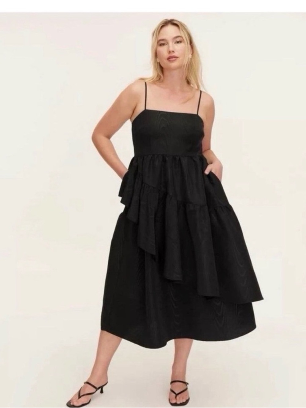 kate spade Black Asymmetrical Tiered Spaghetti-Strap Midi Dress